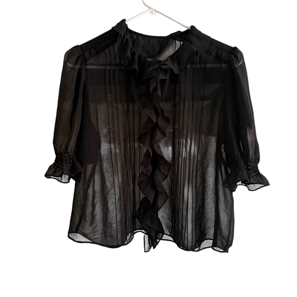 Sheer Black Ruffle Short Sleeve Button Down Large Coquette Feminine 90s
